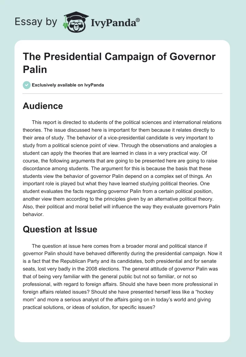 The Presidential Campaign of Governor Palin. Page 1
