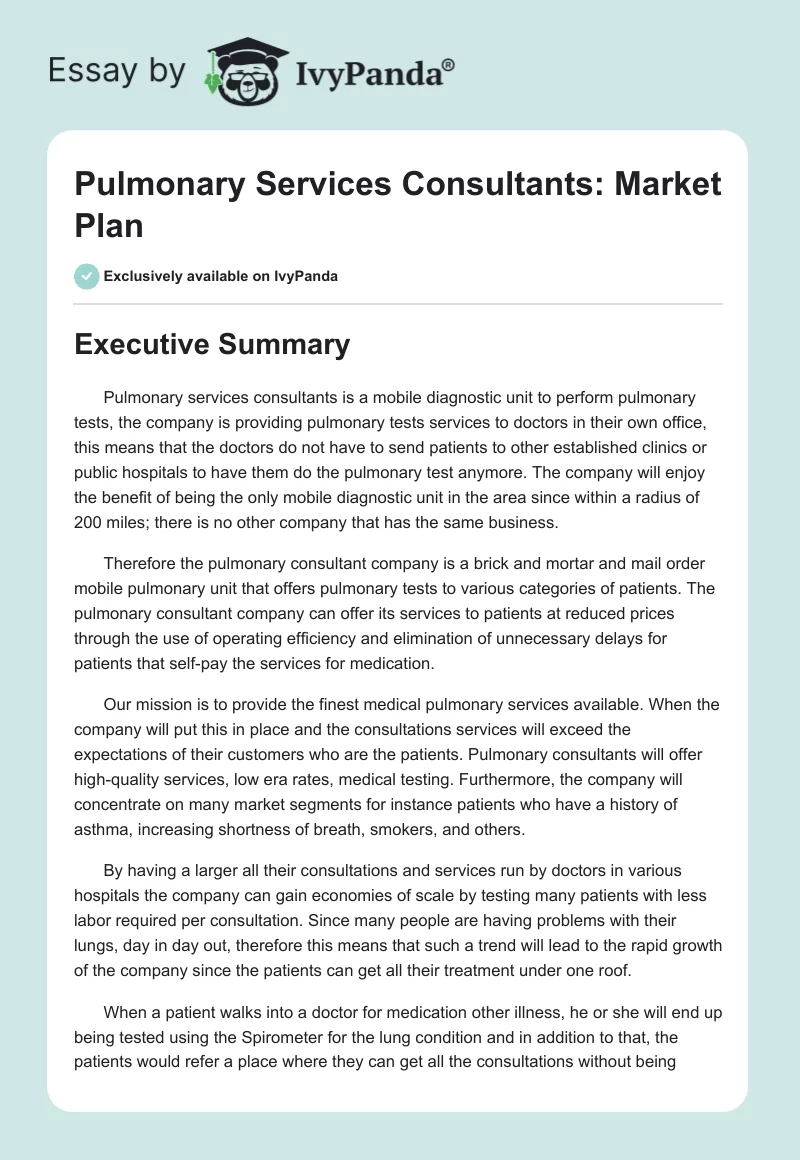 Pulmonary Services Consultants: Market Plan. Page 1