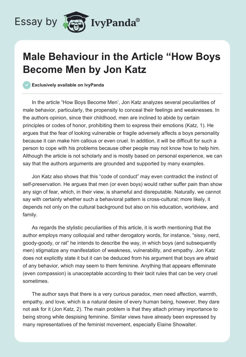 Male Behaviour in the Article “How Boys Become Men" by Jon Katz. Page 1