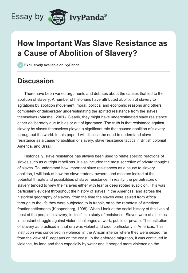 How Important Was Slave Resistance as a Cause of Abolition of Slavery?. Page 1