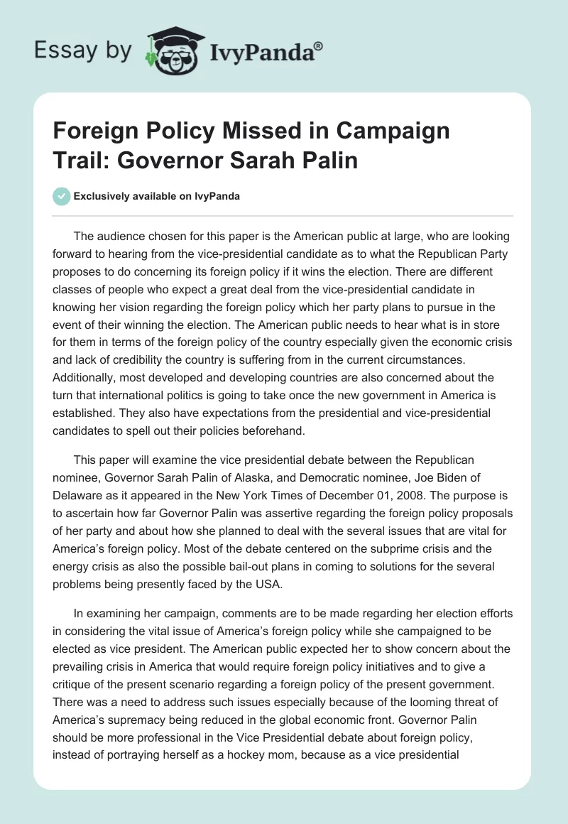 Foreign Policy Missed in Campaign Trail: Governor Sarah Palin. Page 1