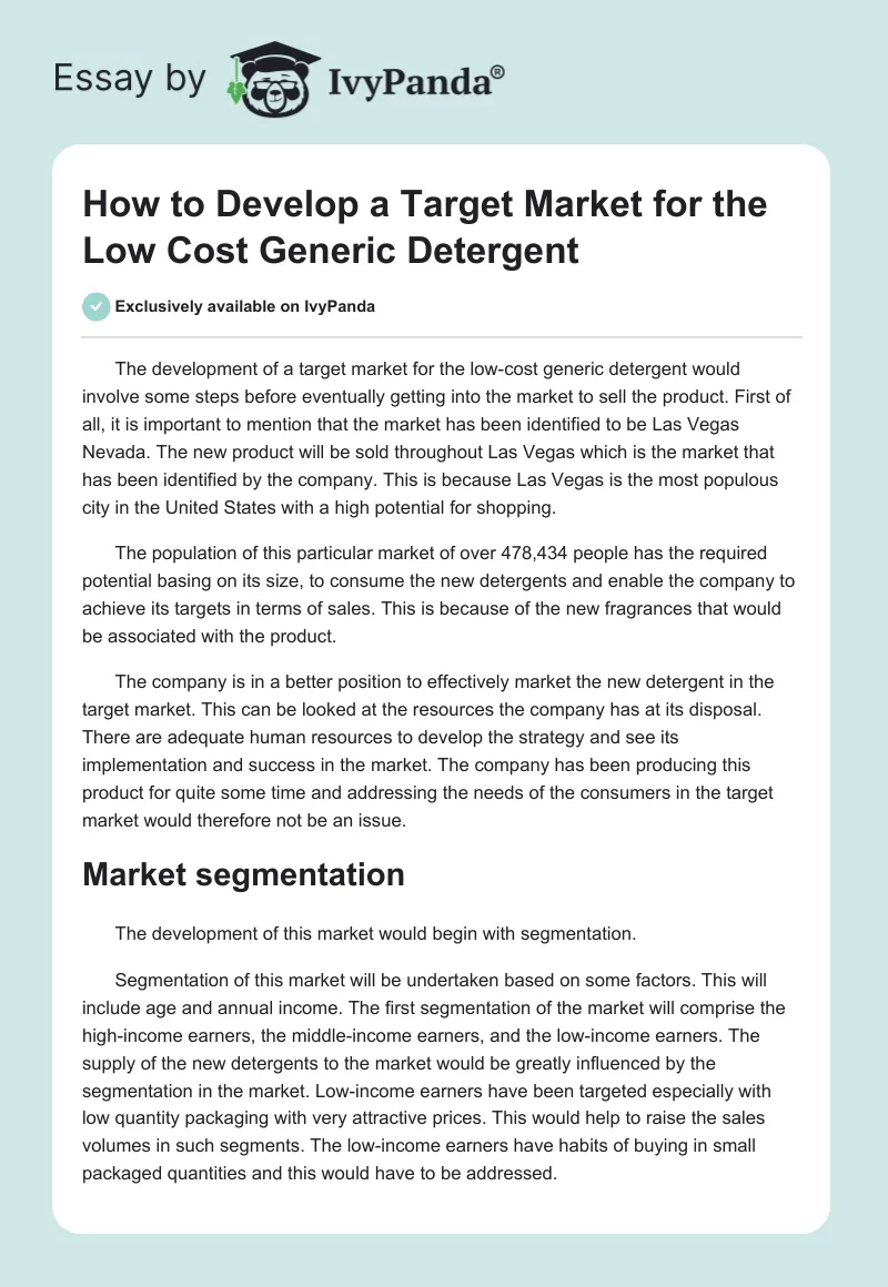 How to Develop a Target Market for the Low Cost Generic Detergent. Page 1
