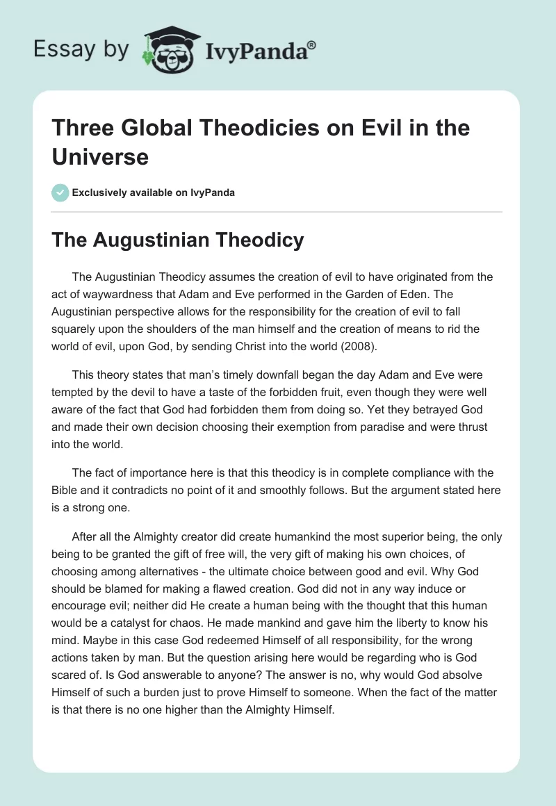 Three Global Theodicies on Evil in the Universe‏. Page 1