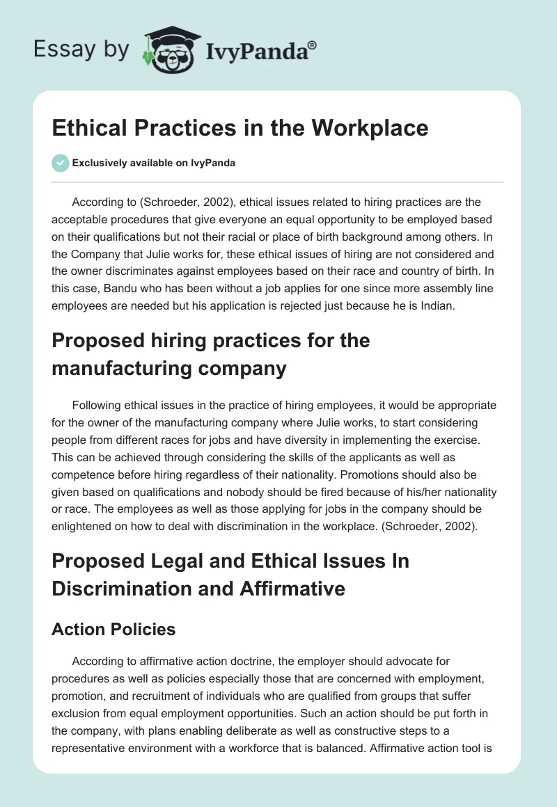 Ethical Practices in the Workplace. Page 1
