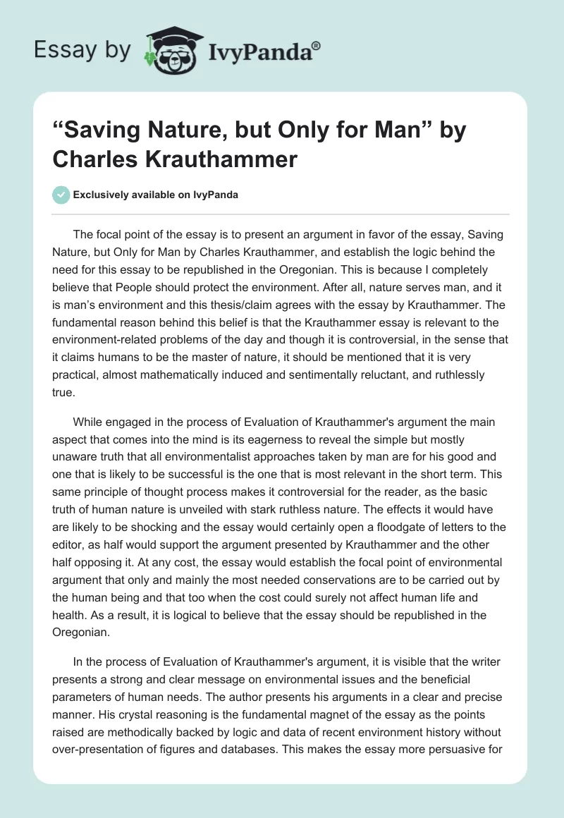 “Saving Nature, but Only for Man” by Charles Krauthammer. Page 1