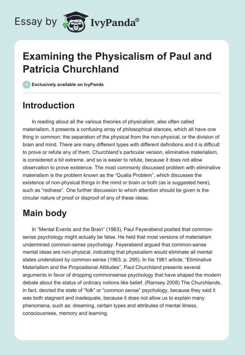 Examining the Physicalism of Paul and Patricia Churchland. Page 1