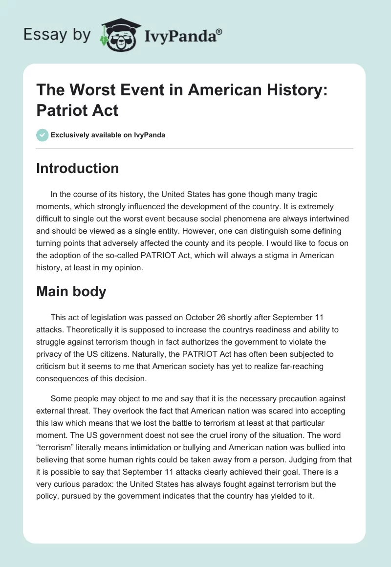 The Worst Event in American History: Patriot Act. Page 1