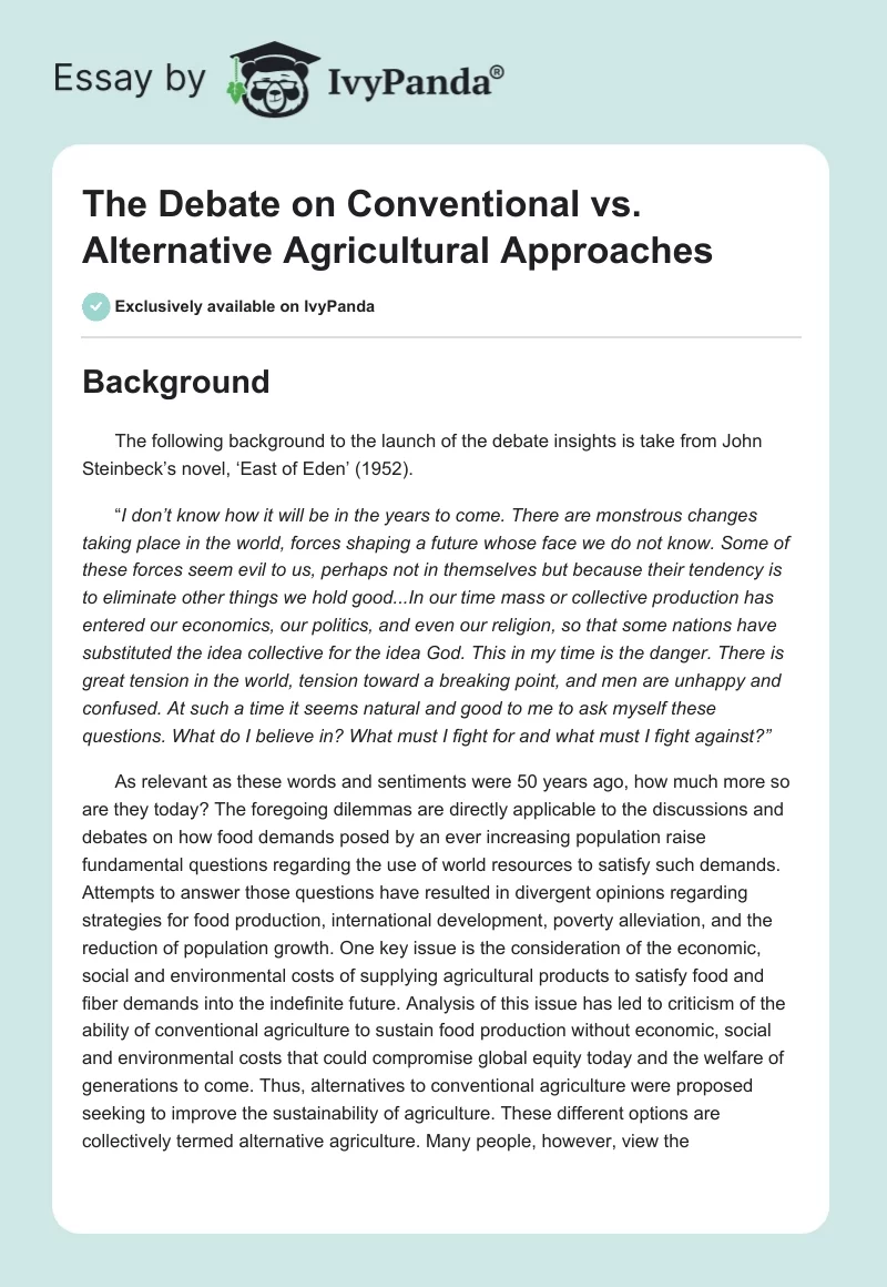 The Debate on Conventional vs. Alternative Agricultural Approaches. Page 1