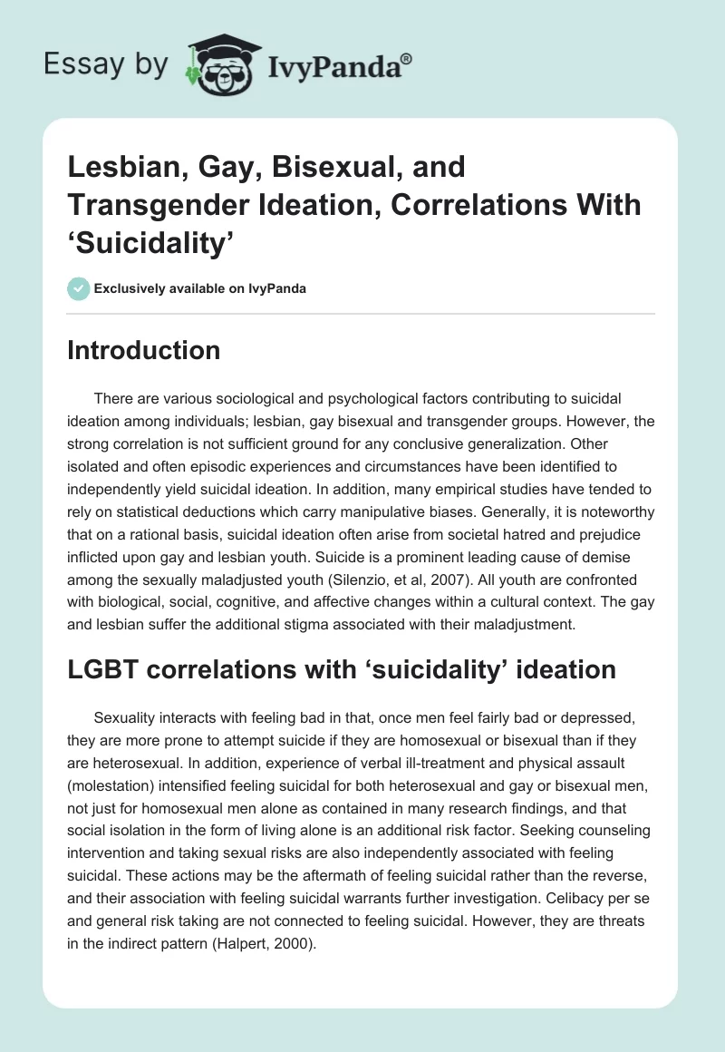 Lesbian, Gay, Bisexual, and Transgender Ideation, Correlations With ‘Suicidality’. Page 1