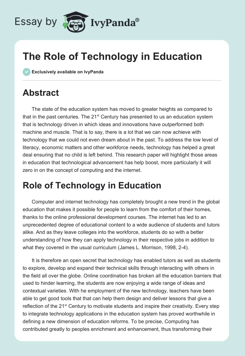 The Role of Technology in Education - 442 Words | Essay Example