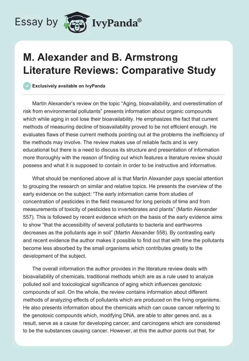 M. Alexander and B. Armstrong Literature Reviews: Comparative Study. Page 1