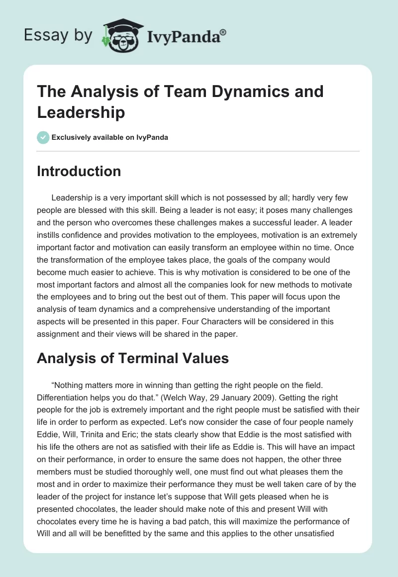 The Analysis of Team Dynamics and Leadership. Page 1