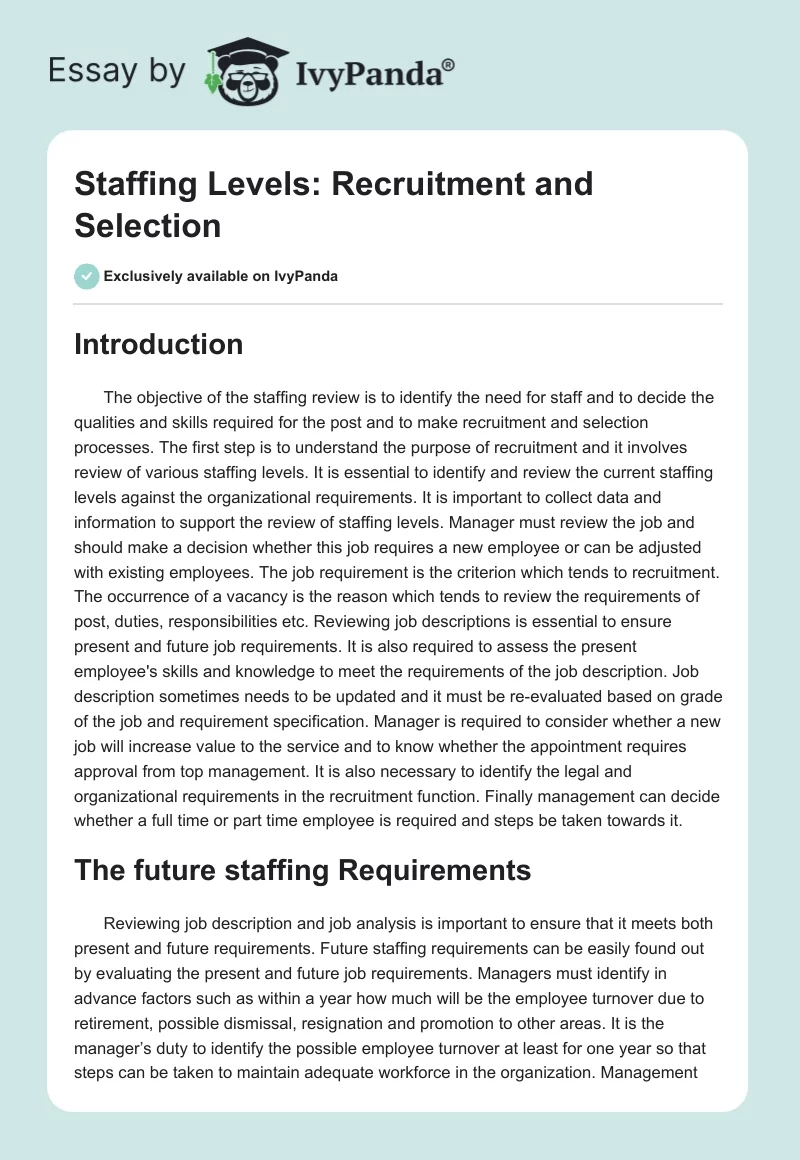Staffing Levels: Recruitment and Selection. Page 1