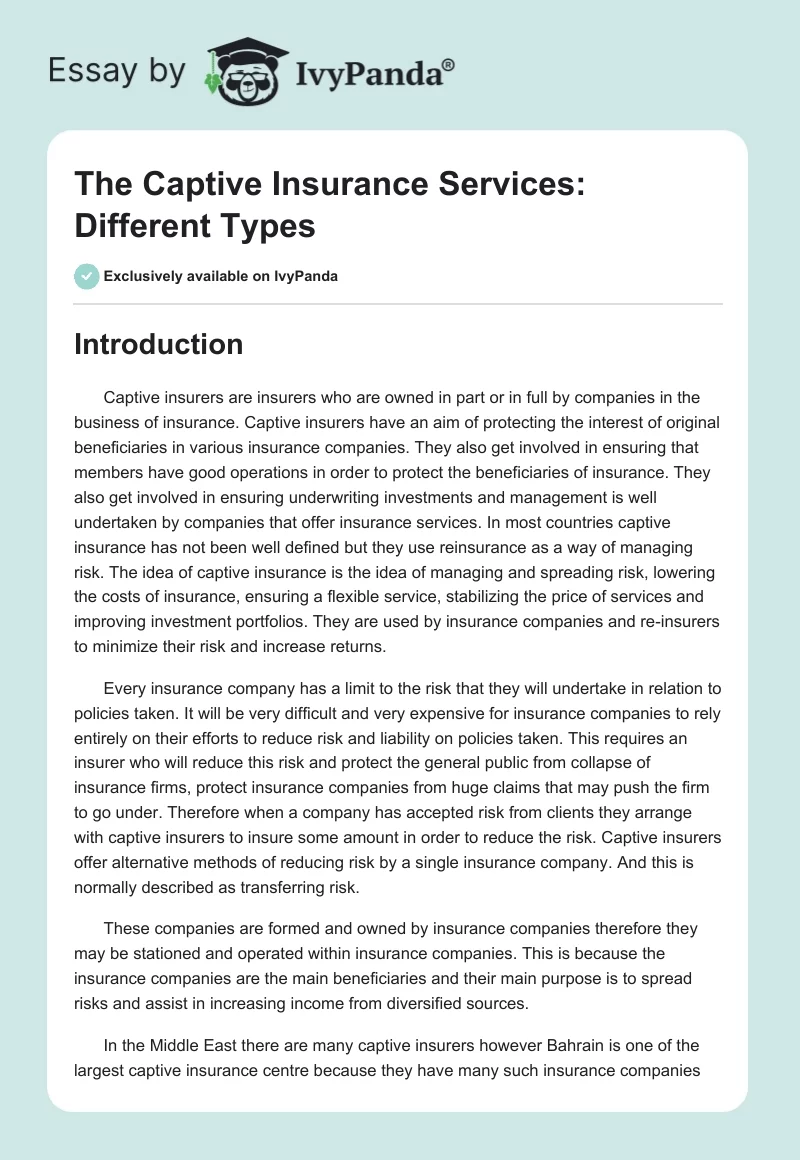 The Captive Insurance Services: Different Types. Page 1