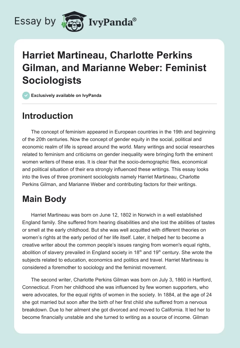 Harriet Martineau, Charlotte Perkins Gilman, and Marianne Weber: Feminist Sociologists. Page 1