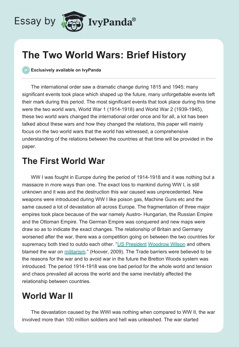 The Two World Wars: Brief History. Page 1