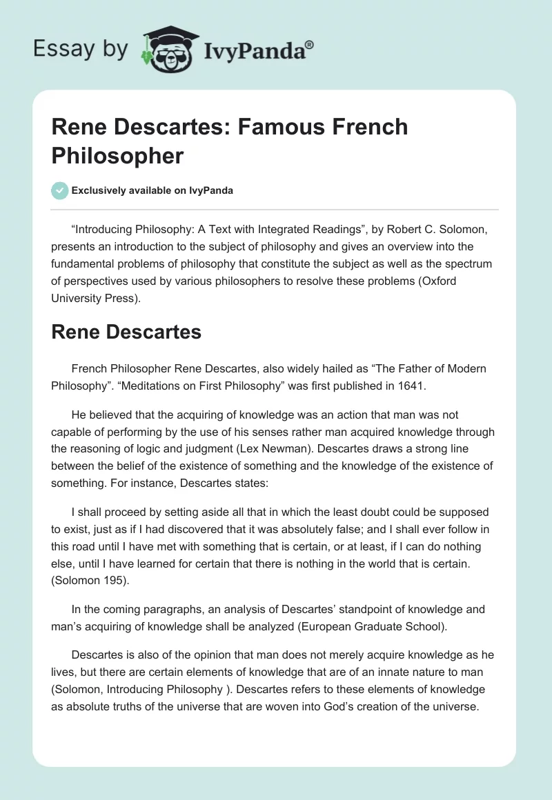 Rene Descartes: Famous French Philosopher. Page 1