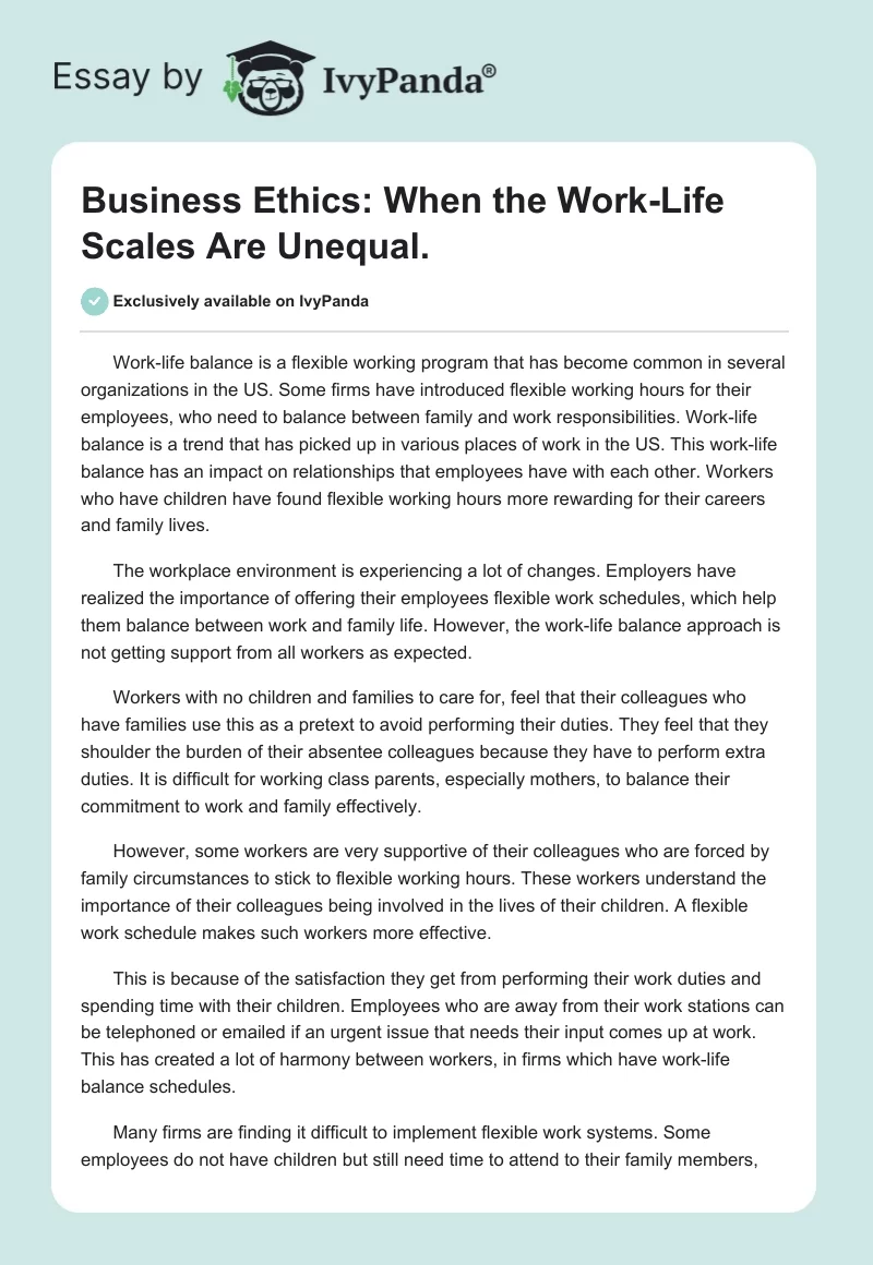 Business Ethics: When the Work-Life Scales Are Unequal.. Page 1