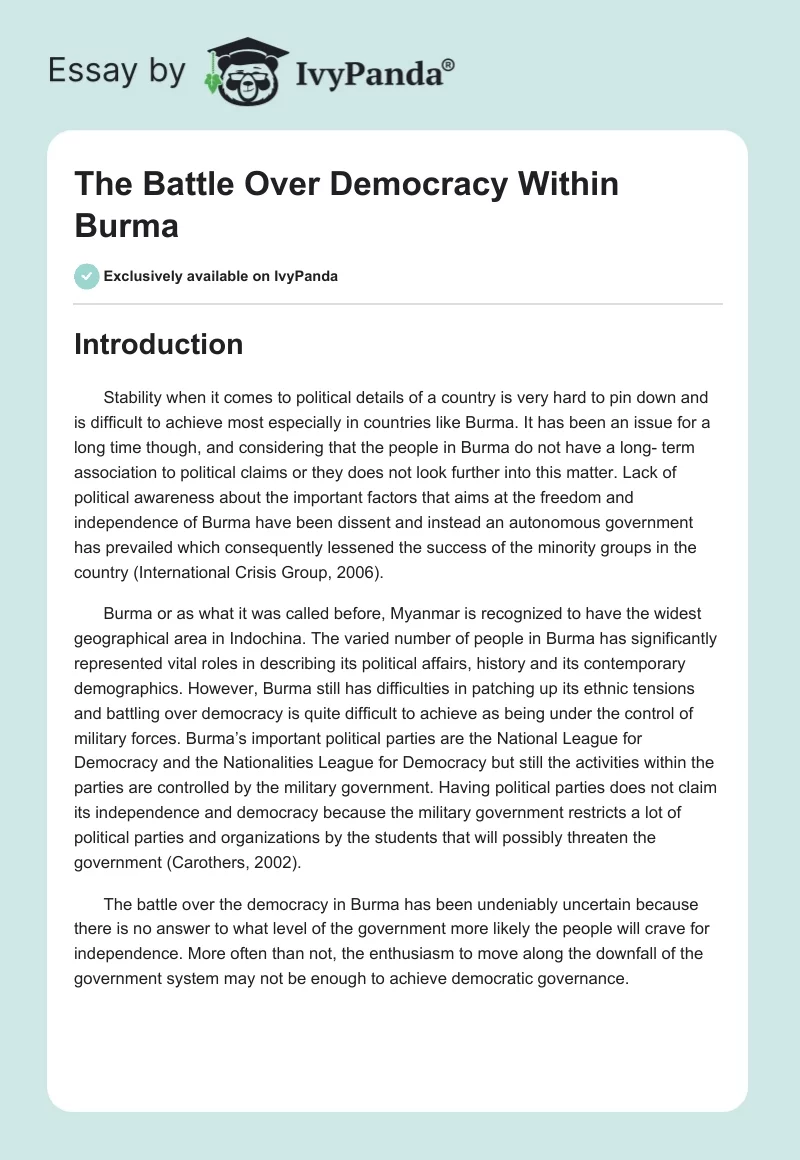 The Battle Over Democracy Within Burma. Page 1