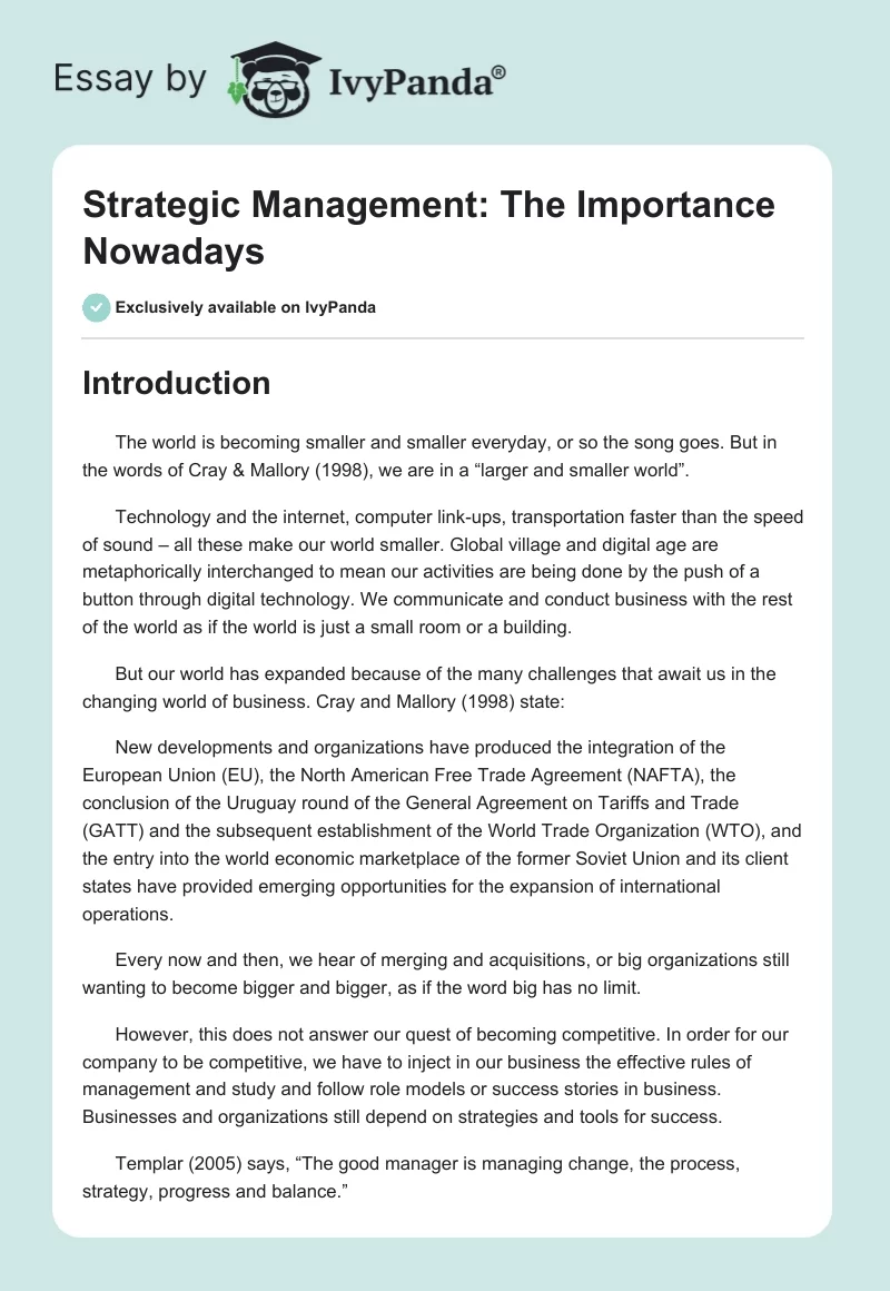 Strategic Management: The Importance Nowadays. Page 1