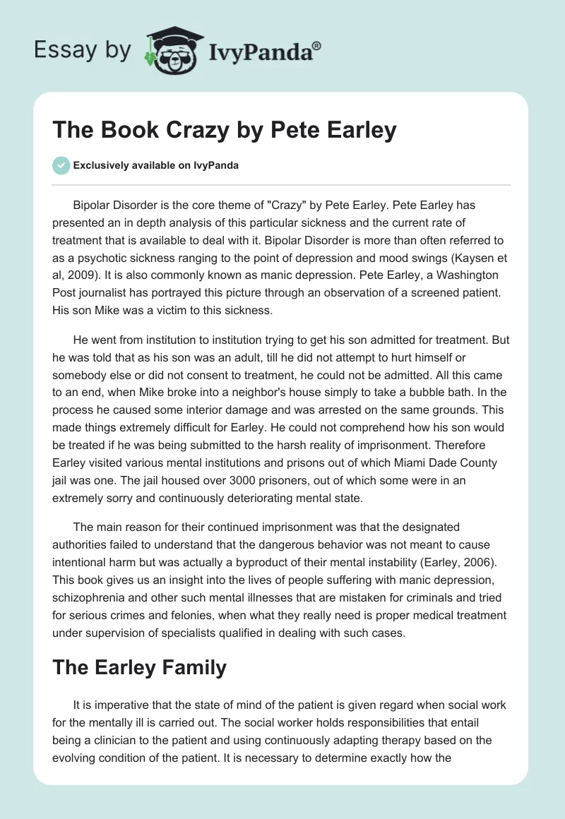 The Book "Crazy" by Pete Earley. Page 1