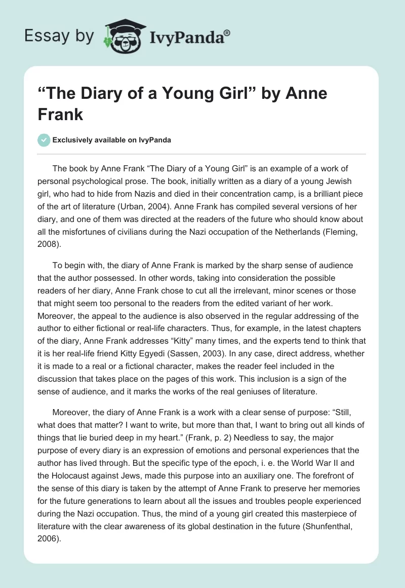 “The Diary of a Young Girl” by Anne Frank. Page 1