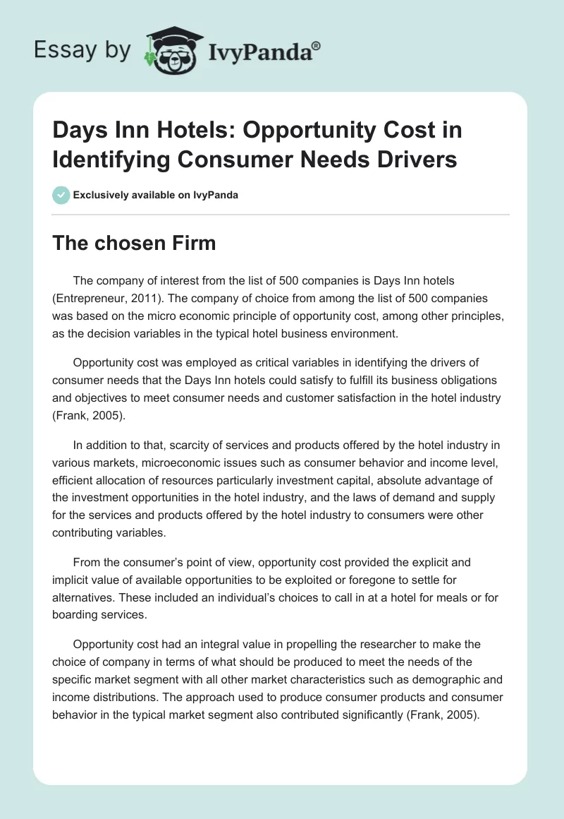 Days Inn Hotels: Opportunity Cost in Identifying Consumer Needs Drivers. Page 1