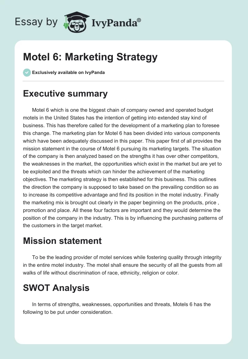 Motel 6: Marketing Strategy. Page 1