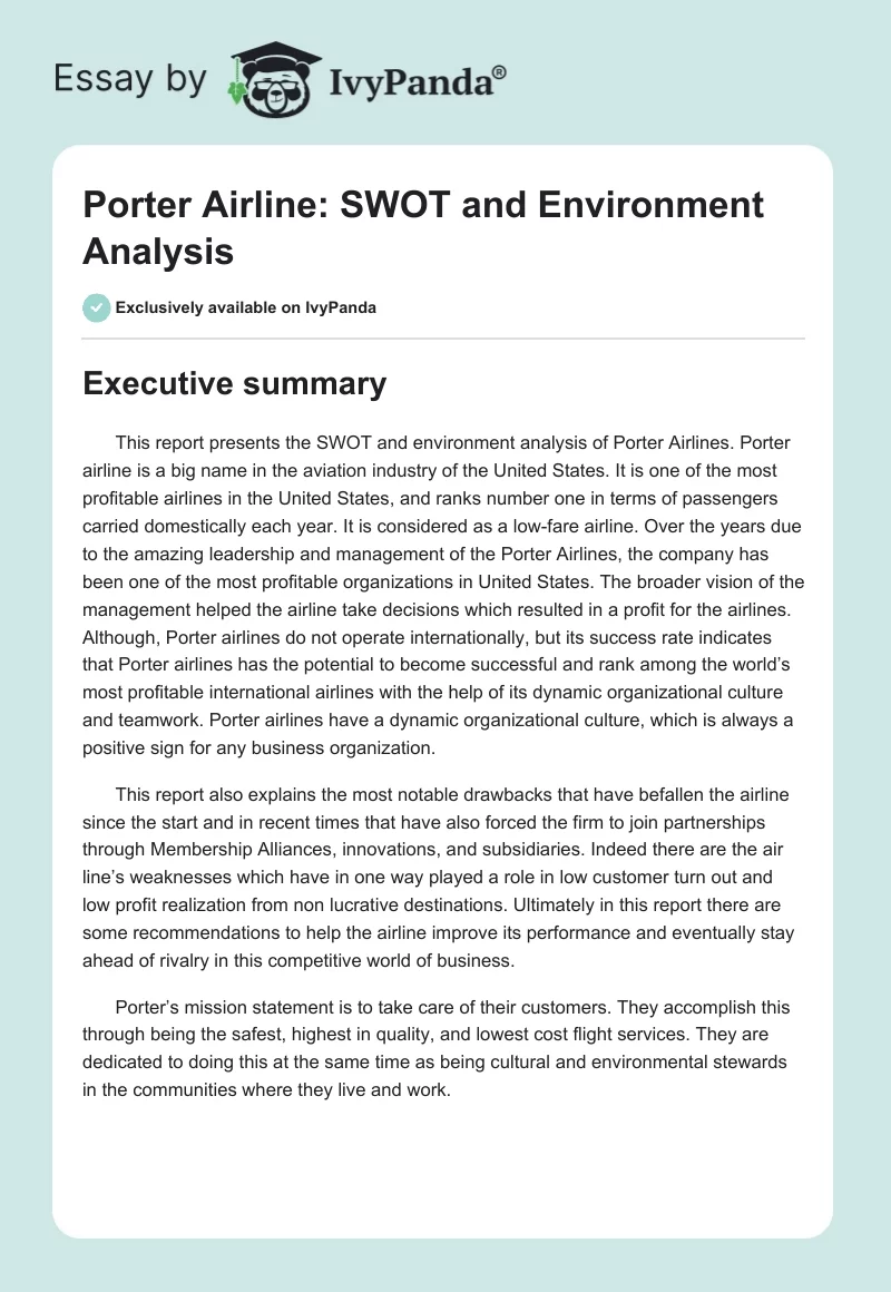 Porter Airline: SWOT and Environment Analysis. Page 1
