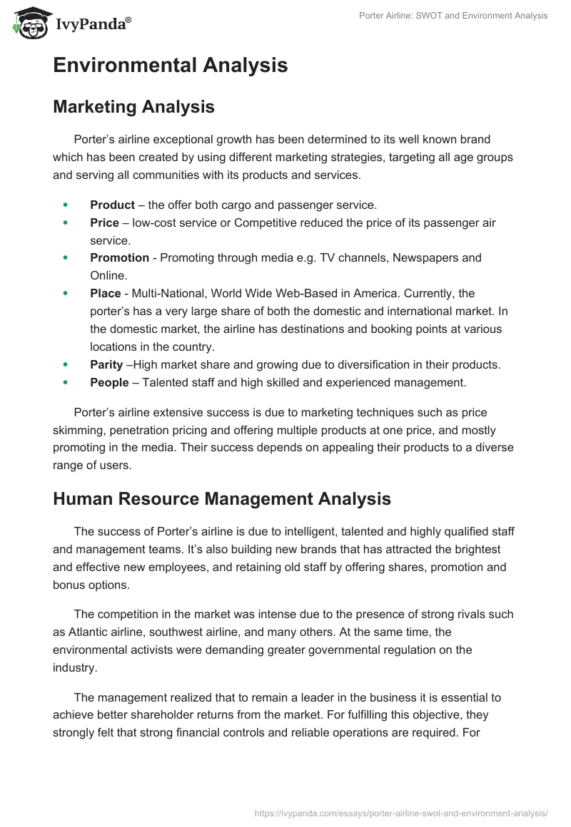 Porter Airline: SWOT and Environment Analysis. Page 2