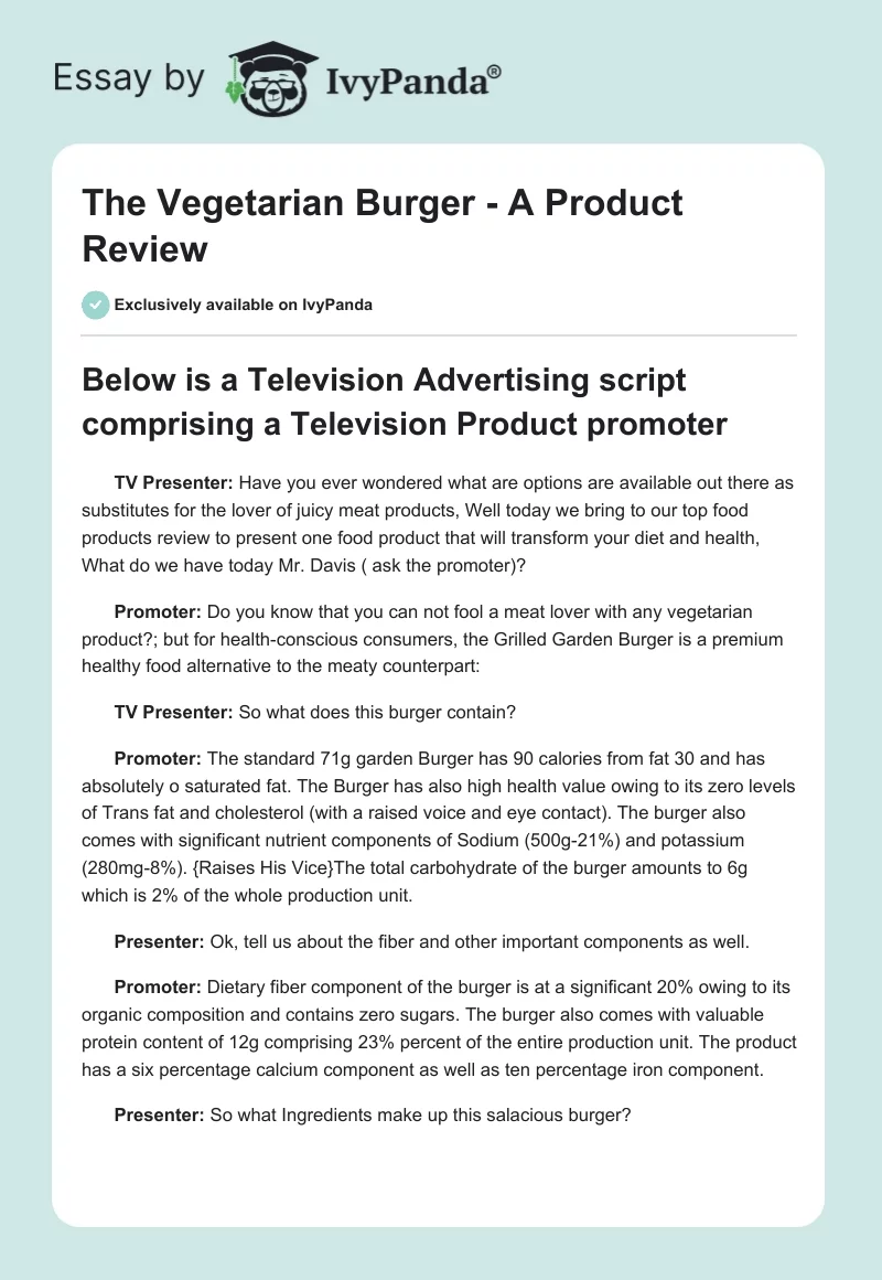 The Vegetarian Burger - A Product Review. Page 1