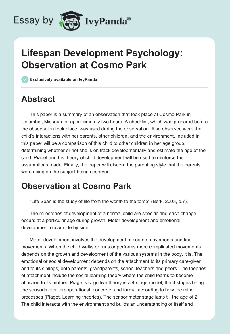 Lifespan Development Psychology: Observation at Cosmo Park. Page 1