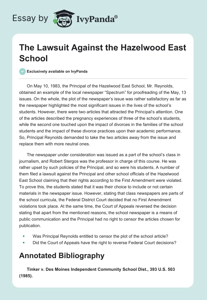 The Lawsuit Against the Hazelwood East School. Page 1