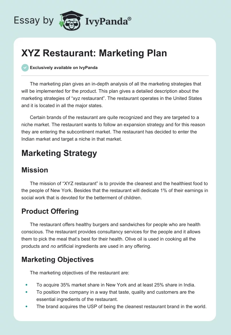 XYZ Restaurant: Marketing Plan. Page 1