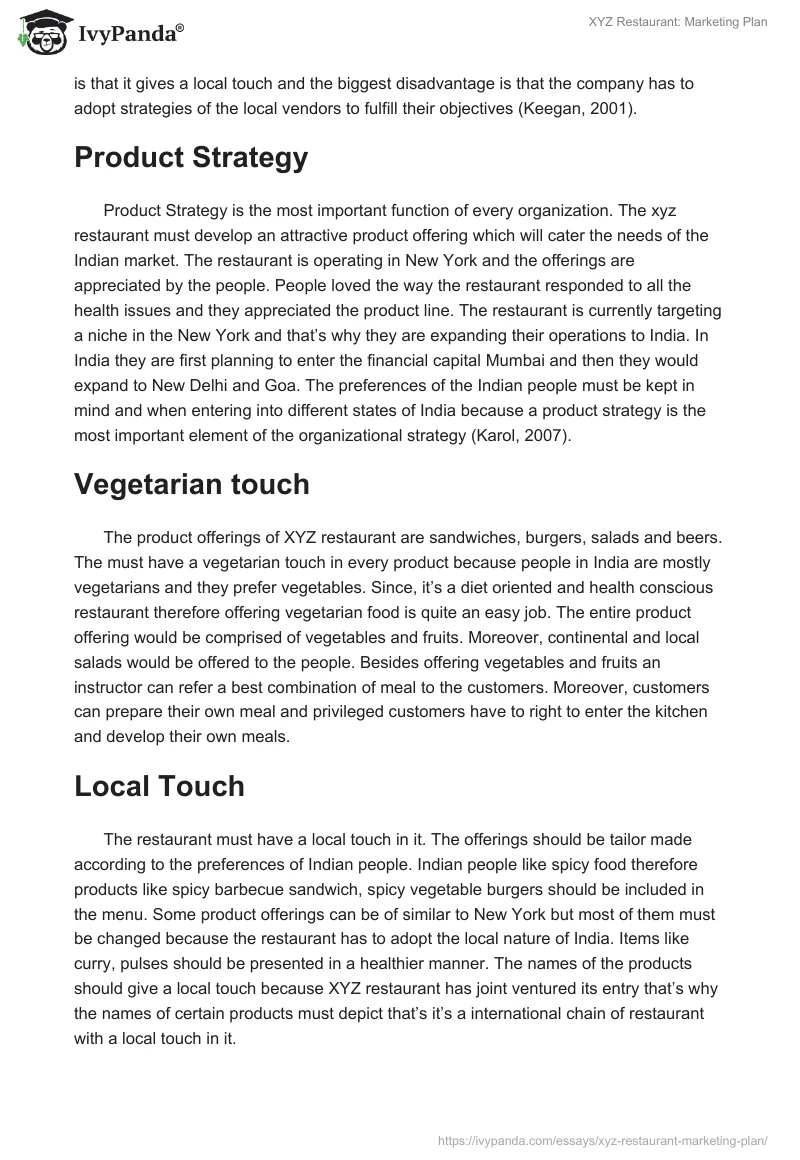 XYZ Restaurant: Marketing Plan. Page 5
