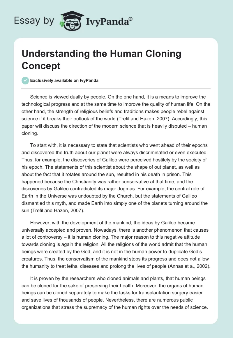 Understanding the Human Cloning Concept. Page 1