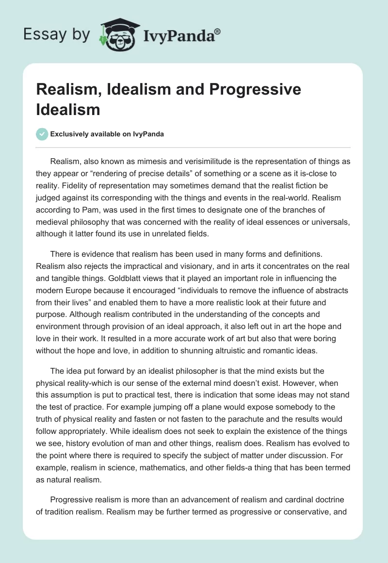 Realism, Idealism and Progressive Idealism. Page 1