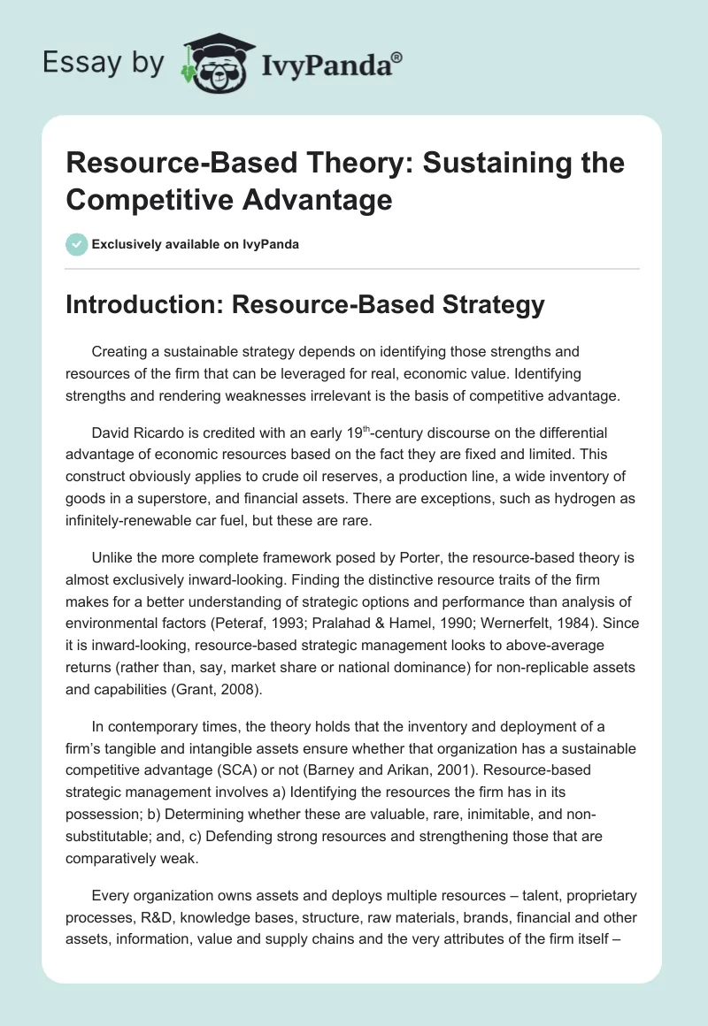 Resource-Based Theory: Sustaining the Competitive Advantage. Page 1
