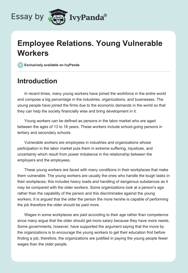 Employee Relations. Young Vulnerable Workers. Page 1