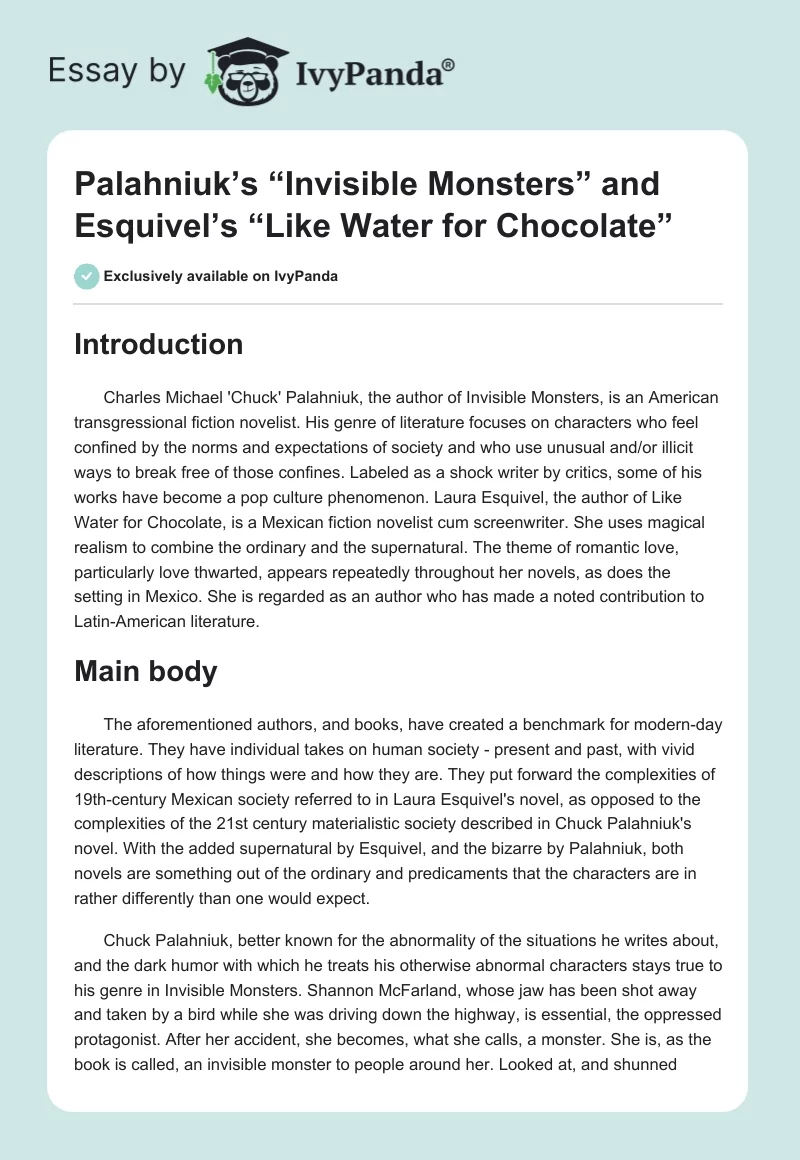 Palahniuk’s “Invisible Monsters” and Esquivel’s “Like Water for Chocolate”. Page 1