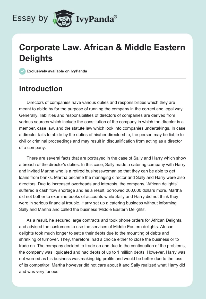 Corporate Law. African & Middle Eastern Delights. Page 1