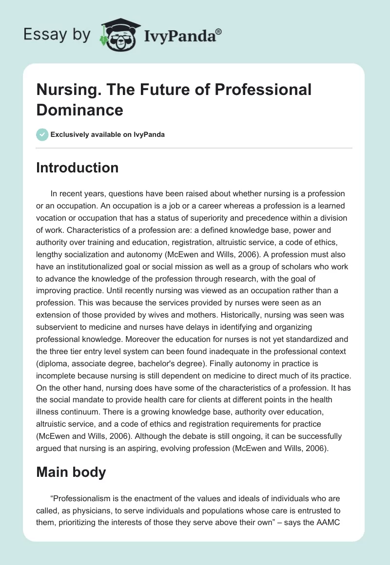 Nursing. The Future of Professional Dominance. Page 1