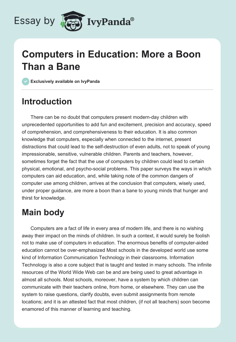 Computers in Education: More a Boon Than a Bane. Page 1