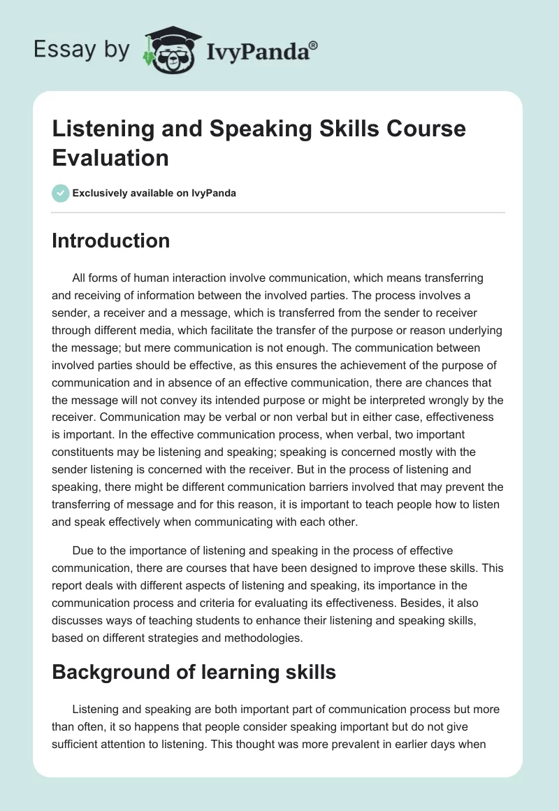 Listening and Speaking Skills Course Evaluation. Page 1