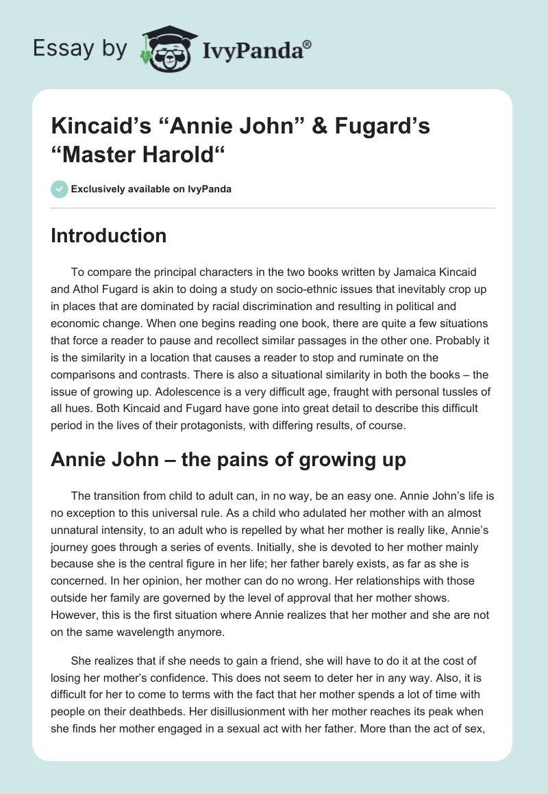 Kincaid’s “Annie John” & Fugard’s “Master Harold“. Page 1