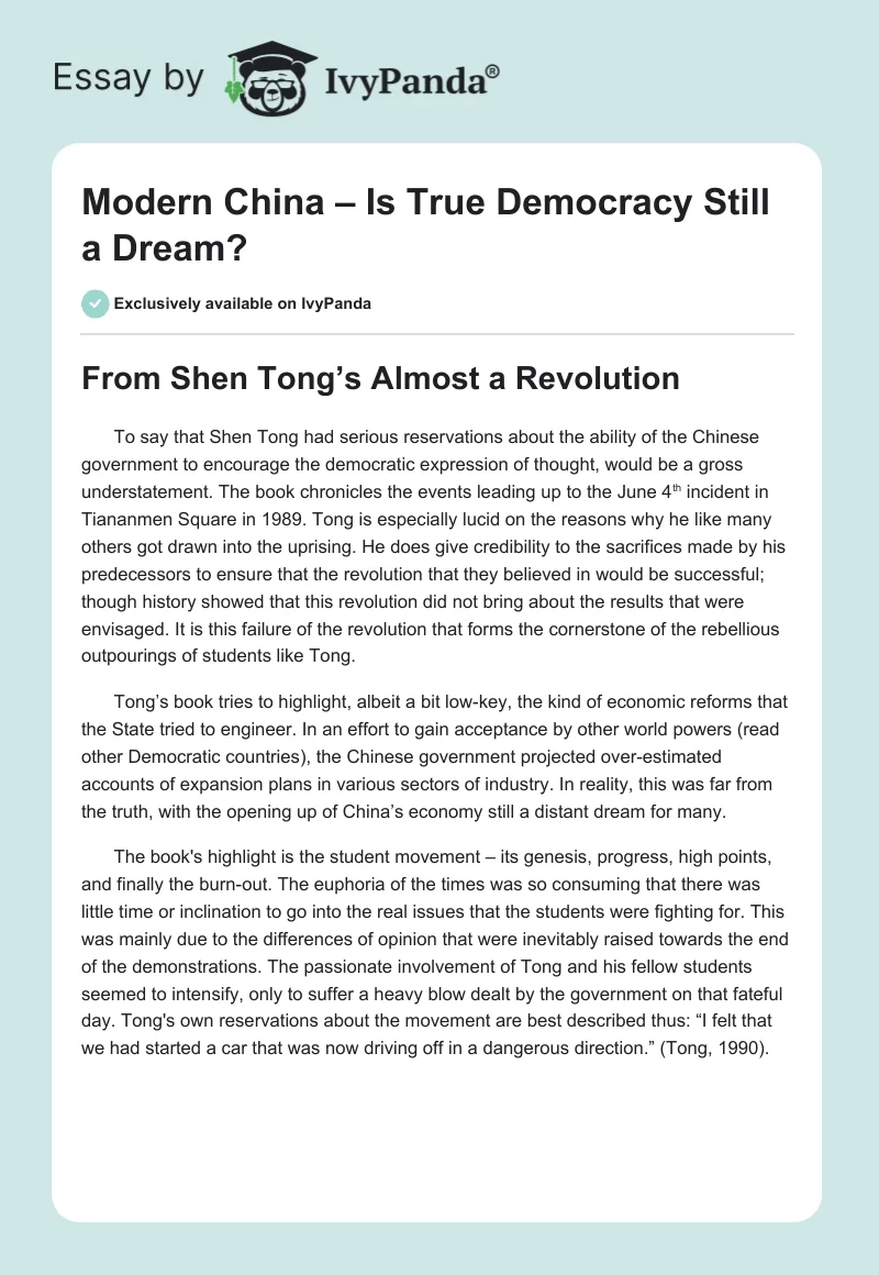 Modern China – Is True Democracy Still a Dream?. Page 1