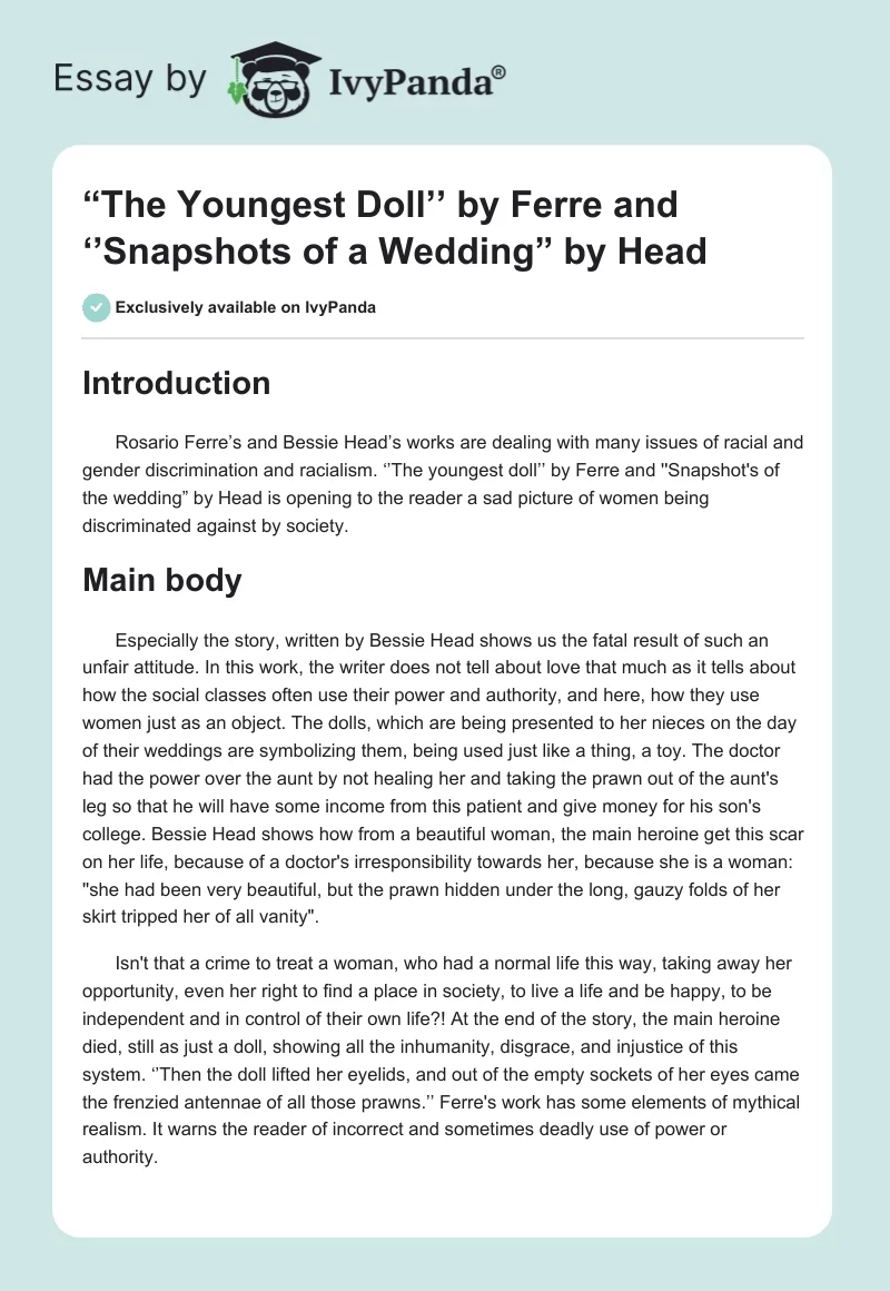 “The Youngest Doll’’ by Ferre and ‘’Snapshots of a Wedding” by Head. Page 1