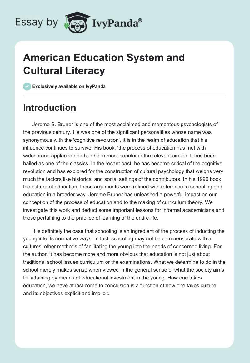 American Education System and Cultural Literacy. Page 1
