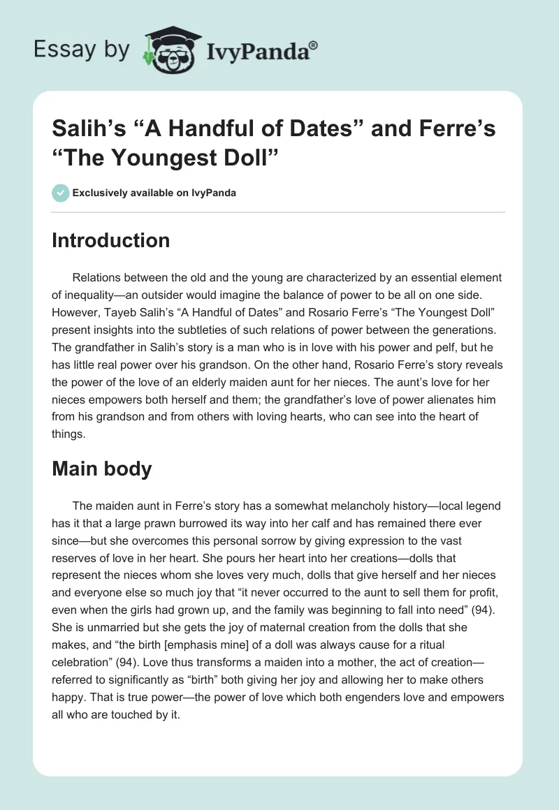 Salih’s “A Handful of Dates” and Ferre’s “The Youngest Doll”. Page 1