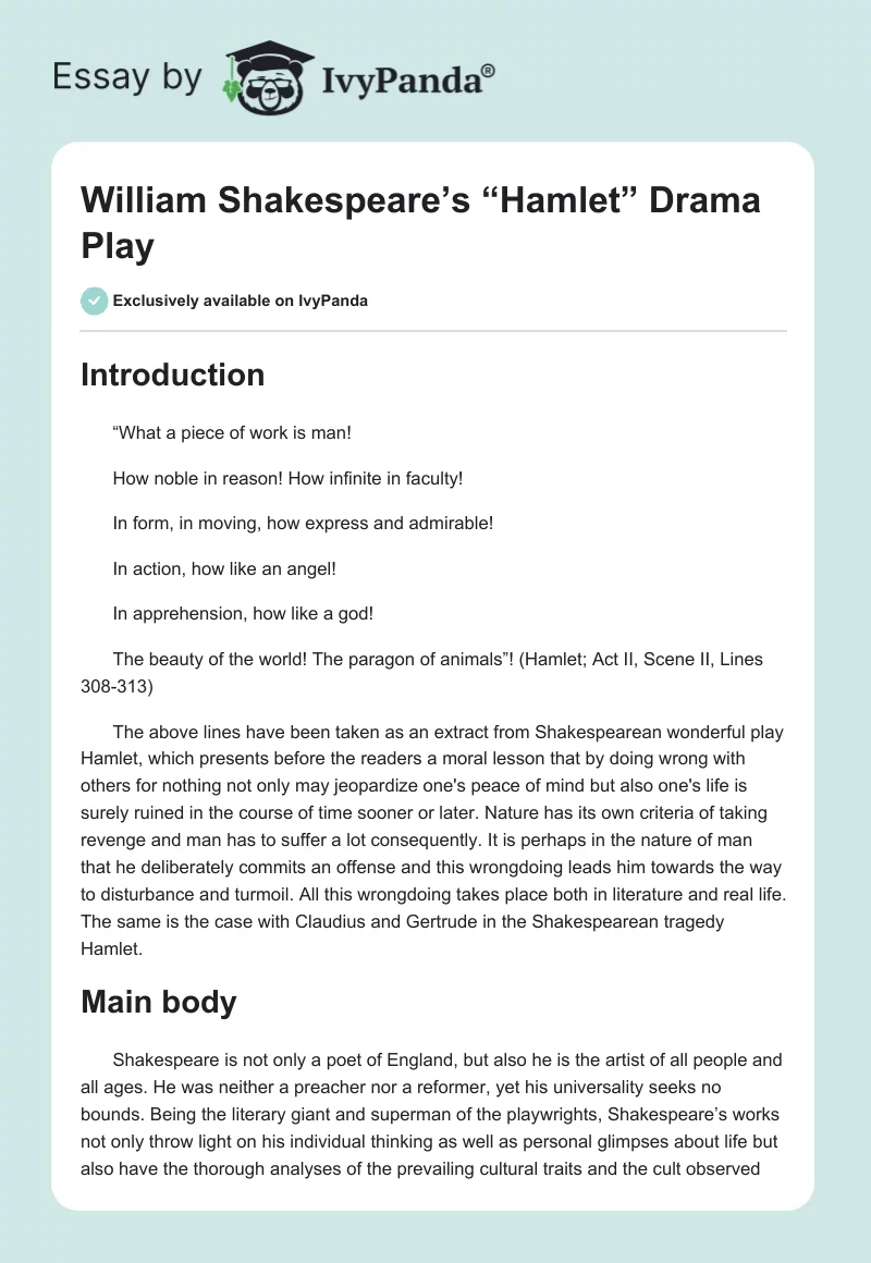William Shakespeare’s “Hamlet” Drama Play. Page 1